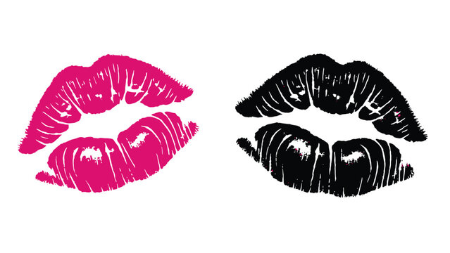 Two bold lip prints one pink and one black on a white background