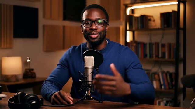 African American podcast host speaking into a microphone in a home studio. Happy man recording audio content for a vlog or radio show. Communication and media concept