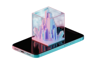 Holographic cityscape on smartphone screen in futuristic neon lighting with transparent glass cube for mobile app showcase