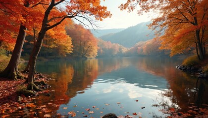 Calm lake reflects bright orange autumn trees and colorful foliage. Fallen leaves float on water surface near shore. Hillsides show hazy mountains, blue sky above.