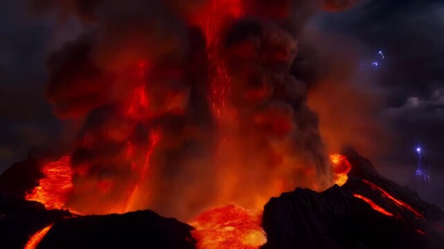 Active volcano erupting at night with glowing red lava flowing down the mountain. Massive smoke plume with volcanic lightning strikes. Natural disaster and geology concept
