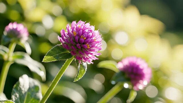 Closeup of vibrant purple globe amaranth flowers blooming in a sunny garden with blurred background.