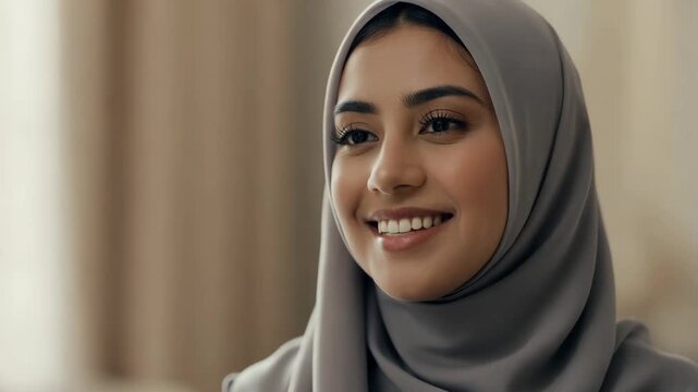 Close-up portrait of a young Muslim woman wearing a grey hijab and smiling. Happy Arab lady looking away in a modern home. Diversity and modest fashion concept