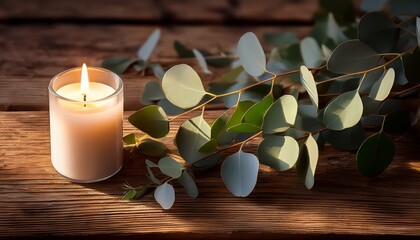 Soft Sunlight Eucalyptus Sprigs And A Lit Candle On Rustic Wood