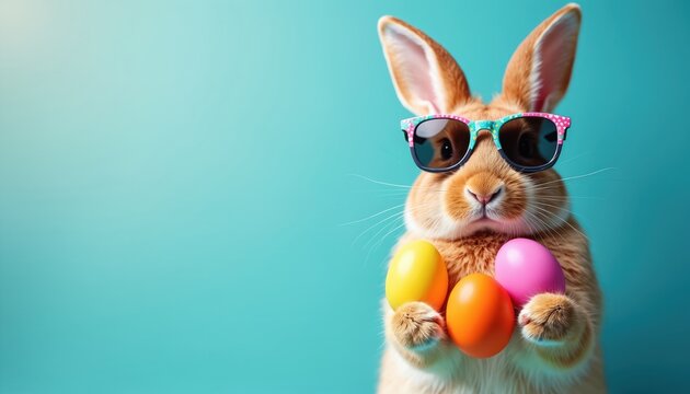 Funny bunny rabbit wears colorful sunglasses holding three Easter eggs. Animal sits on a light blue background, celebrates spring holiday with bright eggs, preparing for Easter fun.