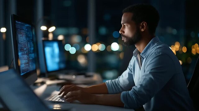 Cybersecurity data analysis performed by specialist using multiple displays faceless worker defocused tech background cyber safety measures implementation security monitoring