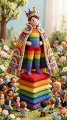 Obraz premium Knitted prince doll wearing rainbow outfit and jeweled crown, surrounded by diverse knitted kids in a whimsical garden setting, for children storybook.