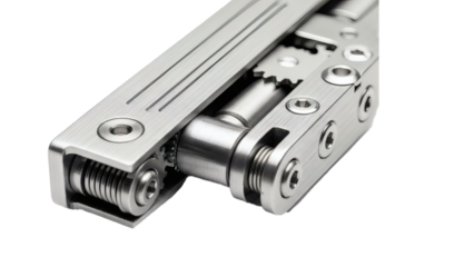 A close-up view of a precision-engineered metallic mechanism with intricate gears, springs, and screws, suggesting complex machinery.
