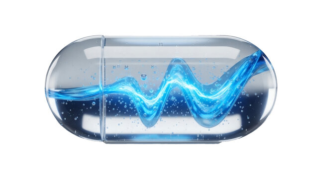 A clear capsule contains a vibrant blue liquid with swirling wave patterns and scattered bubbles, set against darkness.