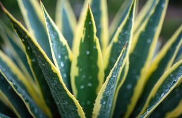 Close-up of green and yellow variegated leaves of a snake plant. The plant has sharp pointed edges and a striking natural pattern. Perfect for nature and home decor backgrounds.