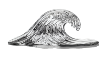 A dynamic and abstract metallic wave sculptured with reflective silver material, cresting on a black background.