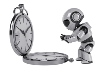Robot pointing to pocket watch in retro futuristic style with metallic silver finish and soft studio lighting for technology advertising