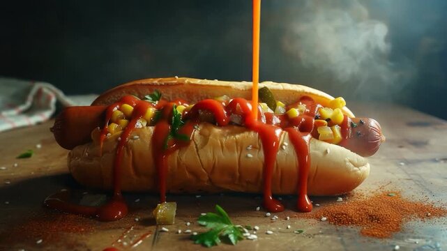 Video A hot dog topped with ketchup and mustard, perfect for outdoor events or casual gatherings
