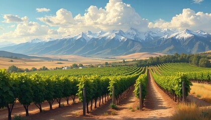 Fototapeta premium Green vineyard rows stretch toward distant mountains under a blue sky with white clouds. Dry grass and trees border the cultivated fields. Rural landscape shows agriculture and nature.