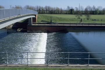 Landscape view of River Great Ouse Roxton Weir Great Barford Bedfordshire UK Europe. 