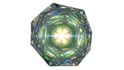 An illuminated, multifaceted crystal object glows with internal green and blue light from its center.