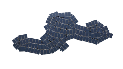 A scattered collection of small, dark blue solar panels arranged organically on a black surface.