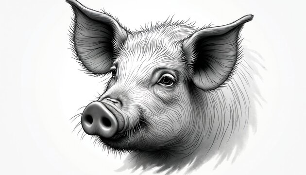 Close up sketch of pig head with detailed snout, expressive eyes. Farm animal depicted in black, white line art style. Illustration great for articles on agriculture, farming, animal husbandry. Also
