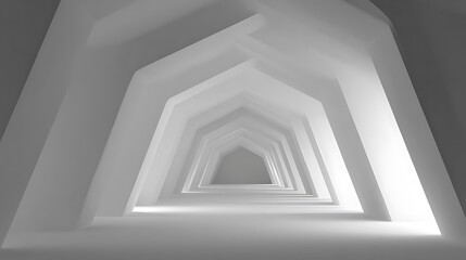 Obraz premium White Futuristic Tunnel with Geometric Shapes and Soft Lighting Keywords: white, futuristic, tunnel, geometric, shapes, photo