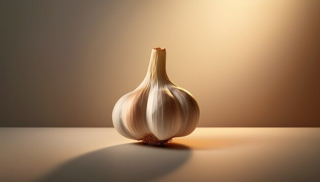 single garlic bulb with warm lighting on neutral surface in minimalist style
