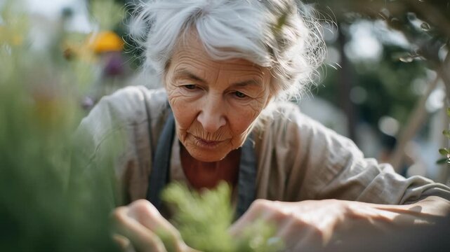 A woman is looking at a plant in a garden. She is wearing a white shirt and apron