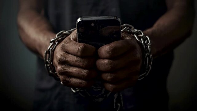Hands bound with metal chains holding smartphone in dark setting showing addiction restriction and intense digital dependency atmosphere