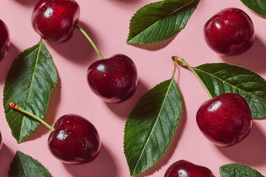 Cherry pattern. Flat lay of cherries and leaves on a pink background.Top view