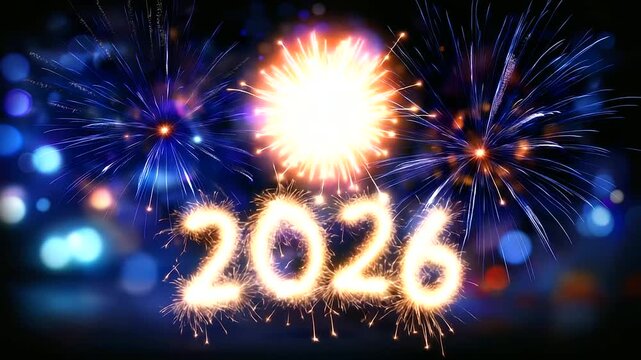 New year celebration greeting card, year 2026 in sparkler font and firework pyrotechnic, blue night sky background defocused, festive display, celebration typography, with copy spa