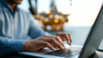 Energy sector professional using laptop software for drilling location analysis faceless African American specialist defocused offshore platform background well site data - Powered by Adobe