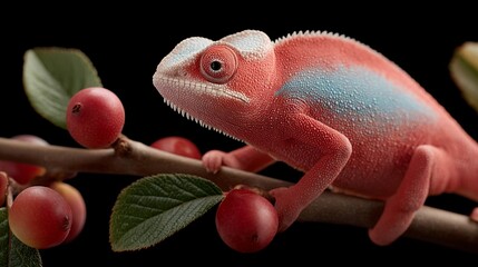 A red and blue lizard is on a branch with berries