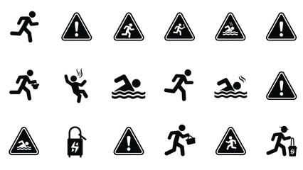 Collection of warning and safety sign icons depicting various hazards and actions