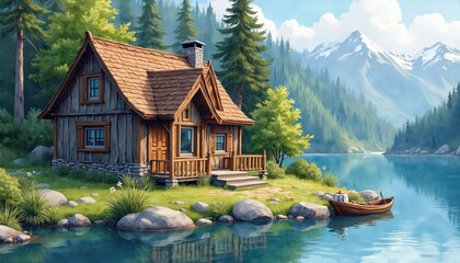 Obraz premium Rustic wooden cabin sits by tranquil blue lake. Green forest and snowy mountains form scenic backdrop. Small rowboat rests on water edge near grassy shore.