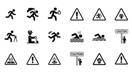 Collection of black and white safety signs and pictograms depicting various warnings