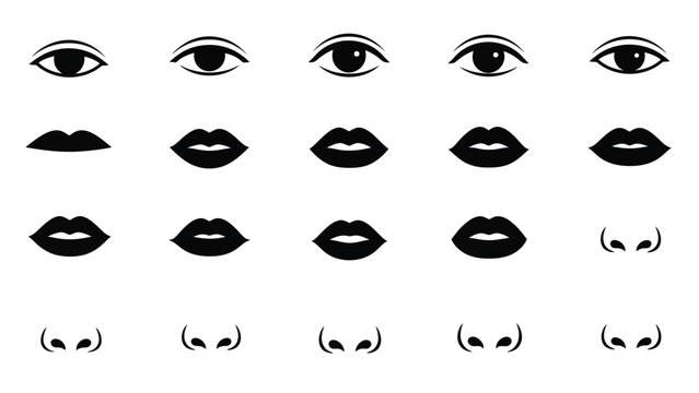 A collection of illustrated eyes lips and mouth shapes in black and white