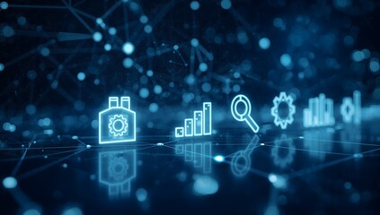 Fototapeta premium Future Industry 4.0 and Smart Factory Concept with Glowing Digital Icons on Blue Network Background