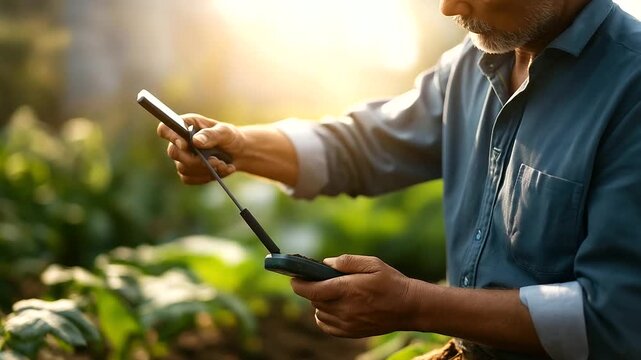Gardening specialist testing soil composition with advanced equipment in sunlit garden faceless experienced worker defocused vibrant vegetation background plant health