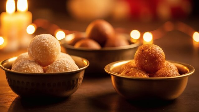 Delicious Indian sweets in golden bowls with candles Makar Sankranti