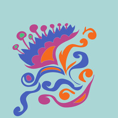 Cartoon  colored  leaves, flower, spirals. Hand drawn.