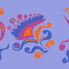 Horizontal  colored  leaves, flower, spirals. Hand drawn.