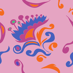 Seamless  colored  leaves, flower, spirals. Hand drawn.
