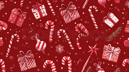 Red christmas background with candy cane and gift box seamless pattern of candy cane and gifts on red background Christmas wrapping paper Xmas pattern with ornaments Stock Illustration