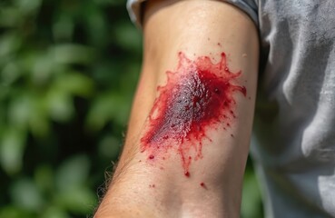 Fototapeta premium Close-up of bloody open wound on mans arm. Human skin shows abrasion and fresh cut from accident. Injury needs medical attention and treatment for healing.