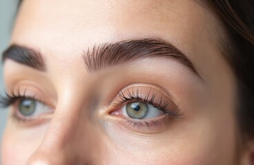 Fototapeta premium Woman eye with perfectly shaped and colored eyebrows after lamination. Lashes are long and full. Skin looks smooth and clean. Beauty treatment result shown close-up.