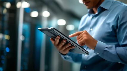 IT technician inspecting server facility with tablet faceless professional defocused rack background technology cloud computing cybersecurity infrastructure monitoring