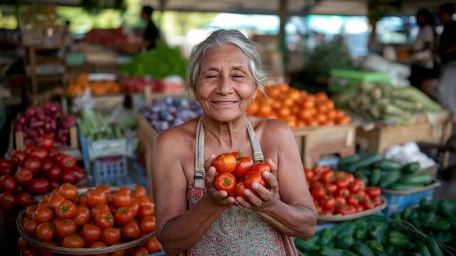 Smiling elderly woman holding fresh tomatoes at local market stall surrounded by colorful produce creating authentic community food scene