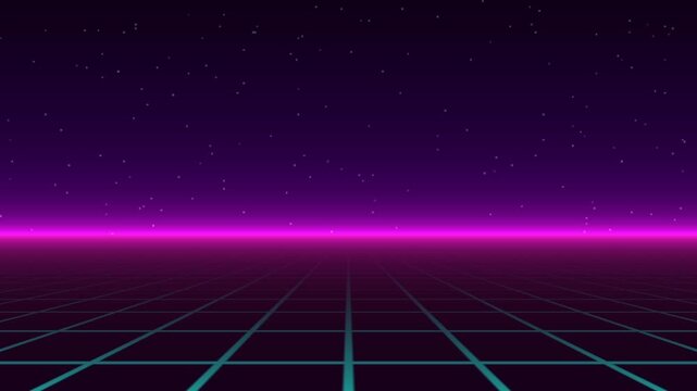80s Retro Synthwave Grid Background with Starry Sky