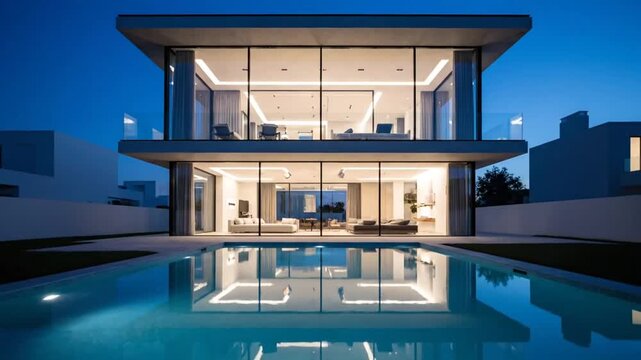 Modern luxury home illuminated by warm interior lighting with a sleek pool