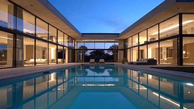 Modern luxury home with illuminated glass facade overlooking pool at dusk
