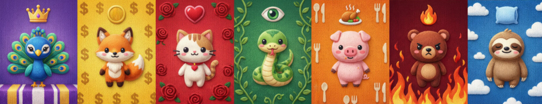 Knitted animals representing seven deadly sins concept. Cute peacock, fox, cat, snake, pig, bear, and sloth character as vices for children story. Banner with copy space