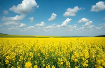 Vast yellow mustard field under bright blue sky with scattered white clouds. Green hills on horizon, sunny summer day. Agricultural landscape with blooming flowers.